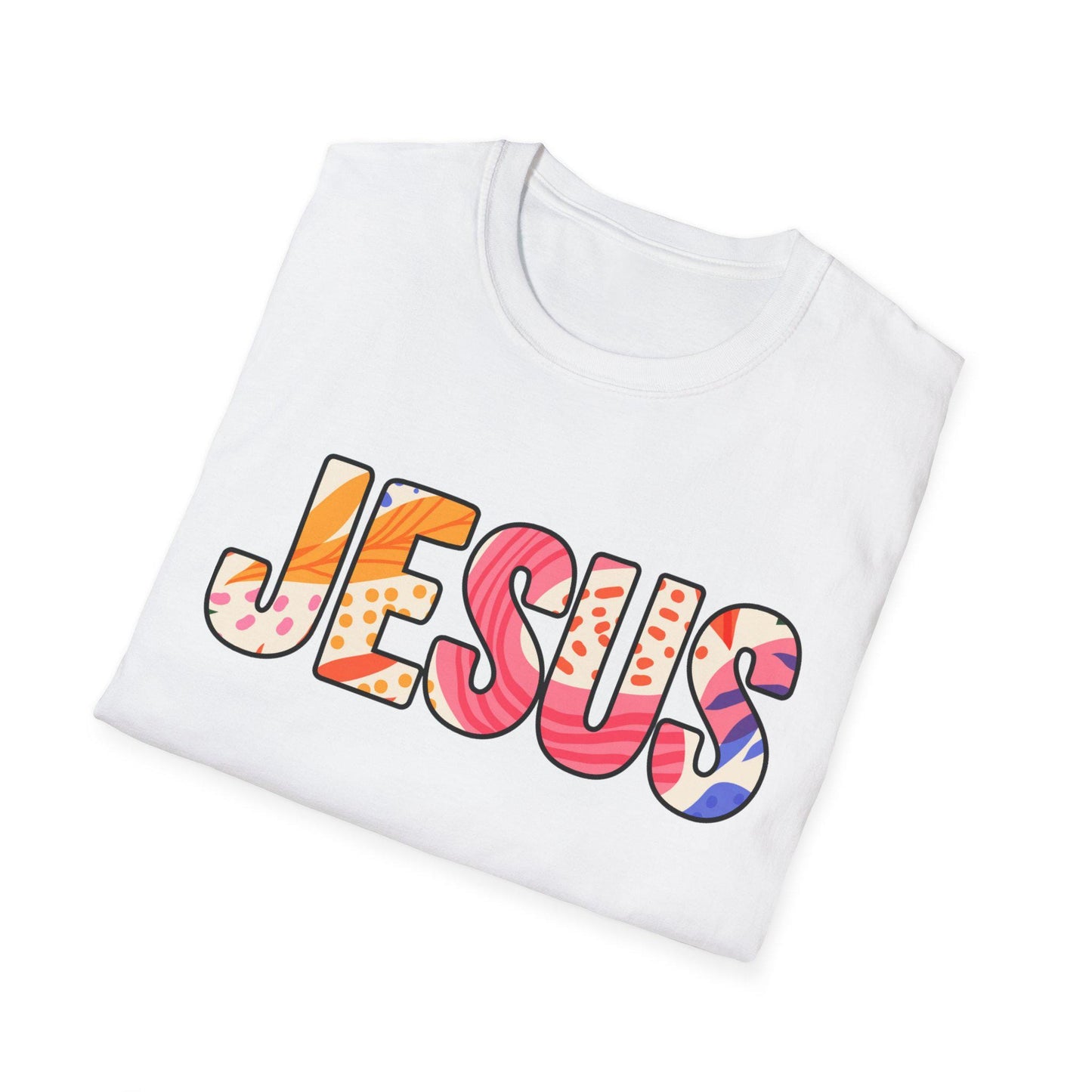 Colorful Pattern JESUS T-Shirt | Floral Lettering Christian Tee