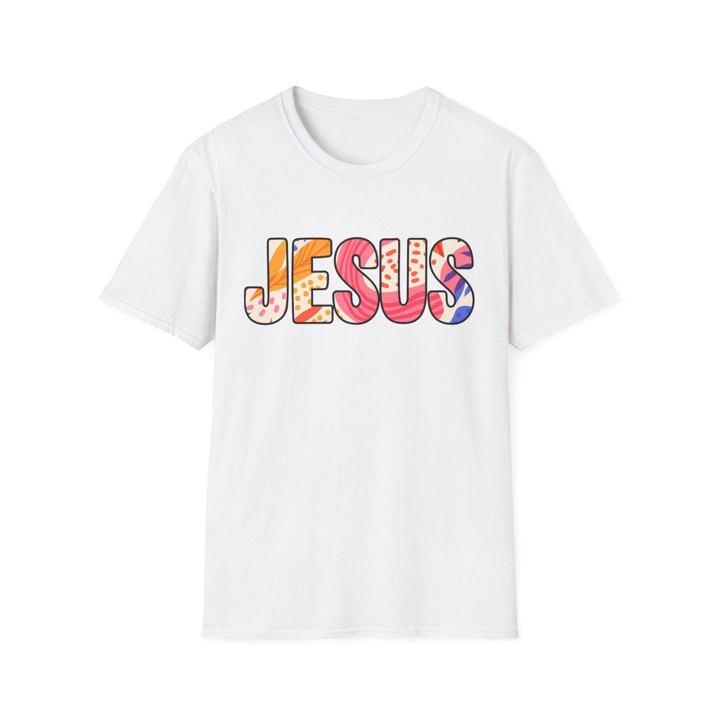 Colorful Pattern JESUS T-Shirt | Floral Lettering Christian Tee