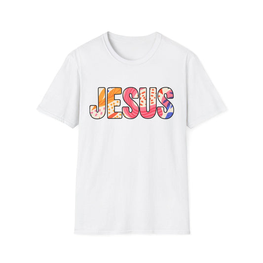 Colorful Pattern JESUS T-Shirt | Floral Lettering Christian Tee
