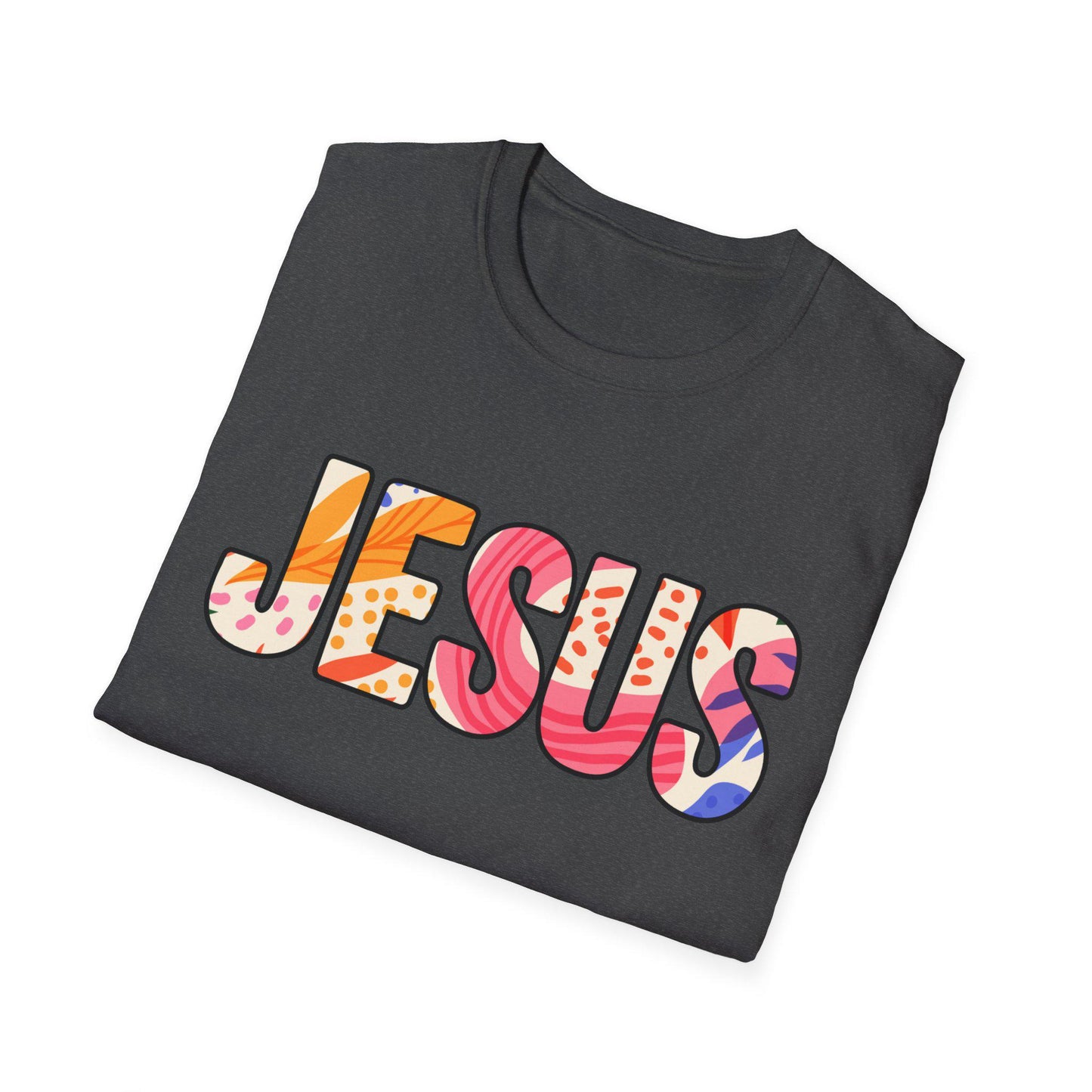 Colorful Pattern JESUS T-Shirt | Floral Lettering Christian Tee