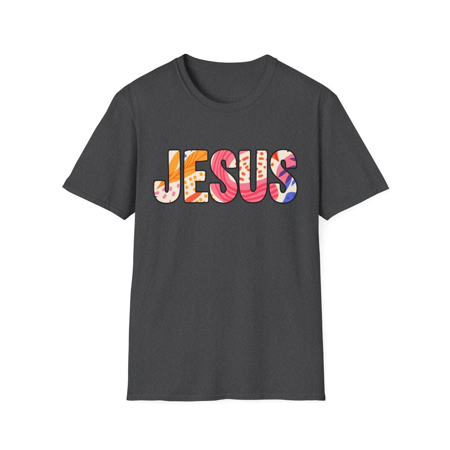 Colorful Pattern JESUS T-Shirt | Floral Lettering Christian Tee