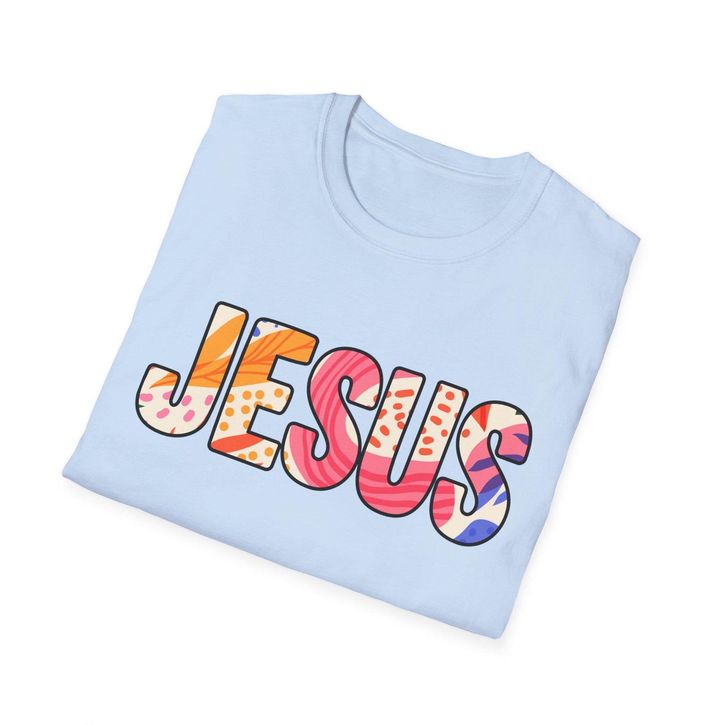 Colorful Pattern JESUS T-Shirt | Floral Lettering Christian Tee