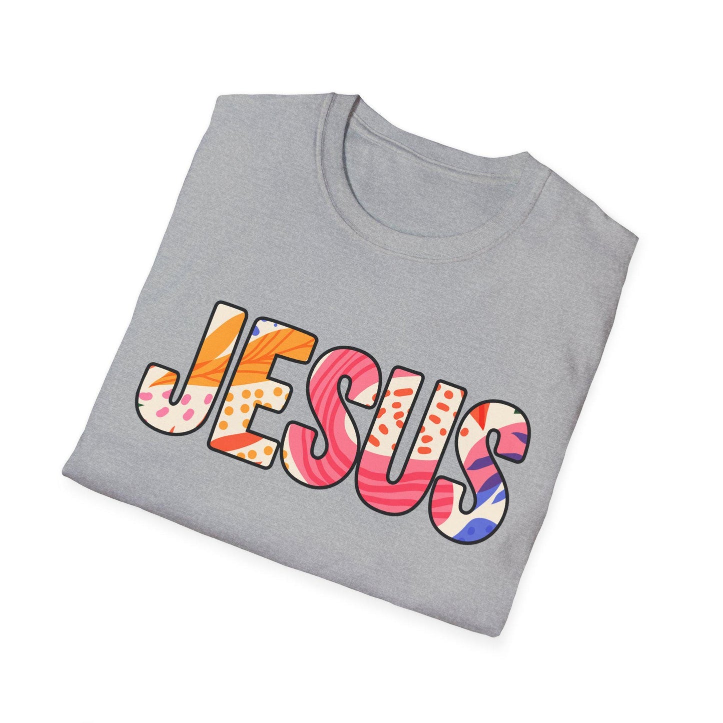 Colorful Pattern JESUS T-Shirt | Floral Lettering Christian Tee