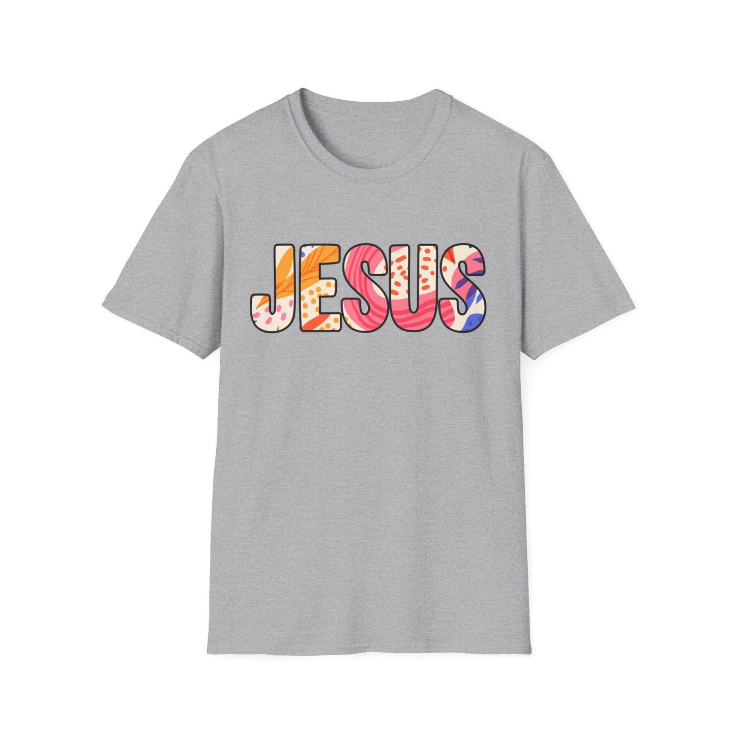 Colorful Pattern JESUS T-Shirt | Floral Lettering Christian Tee
