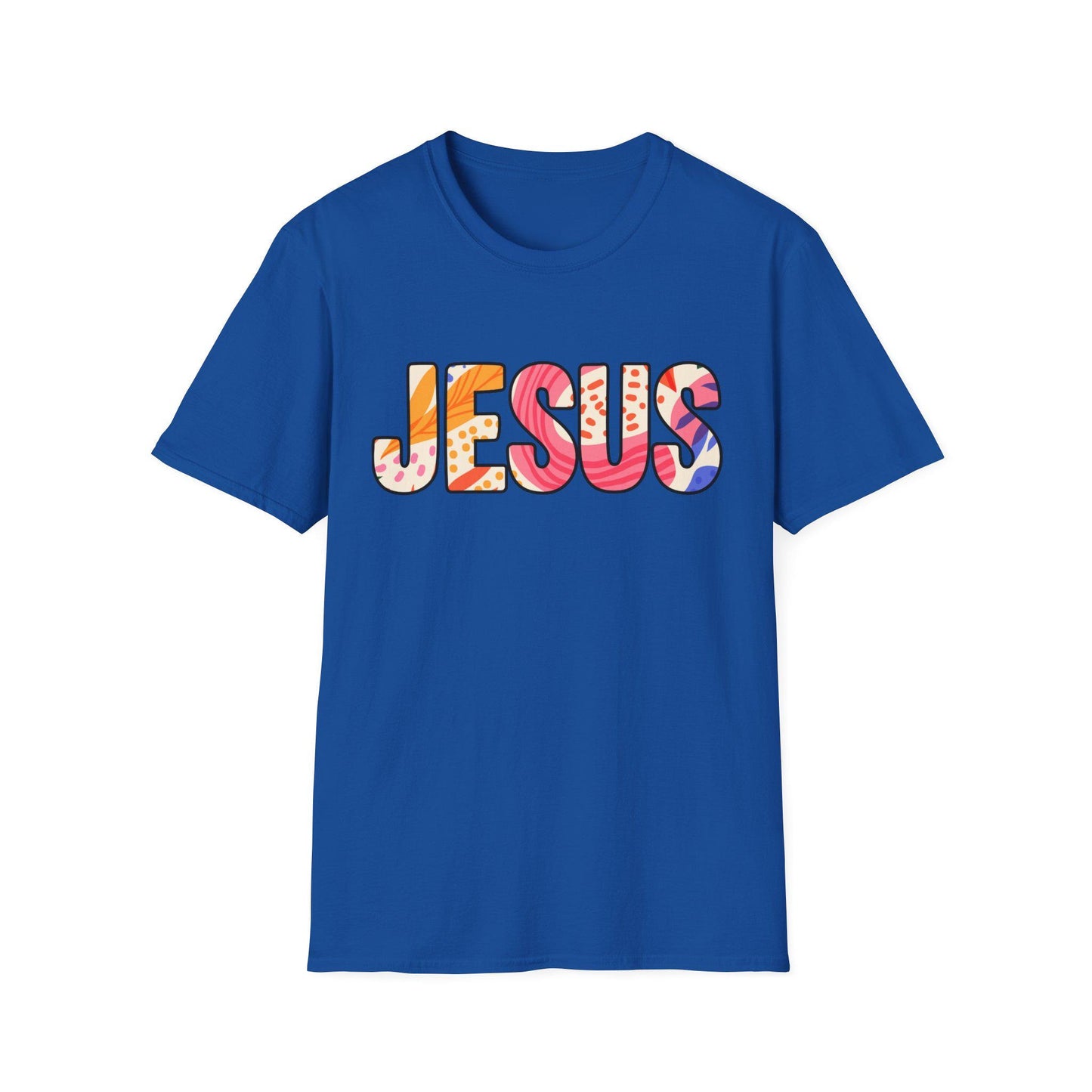Colorful Pattern JESUS T-Shirt | Floral Lettering Christian Tee