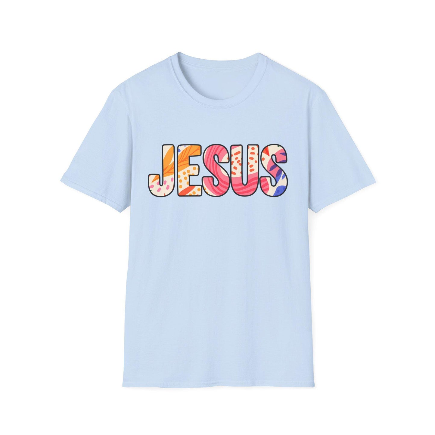Colorful Pattern JESUS T-Shirt | Floral Lettering Christian Tee